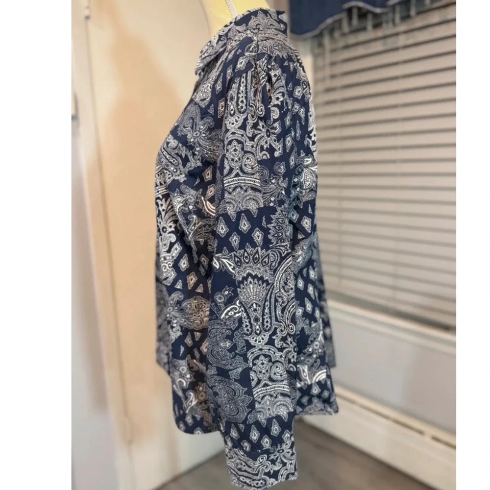 Chaps Plus Size 1X Blue & White Paisley Bandana Print Button Up Preppy Boho Chic